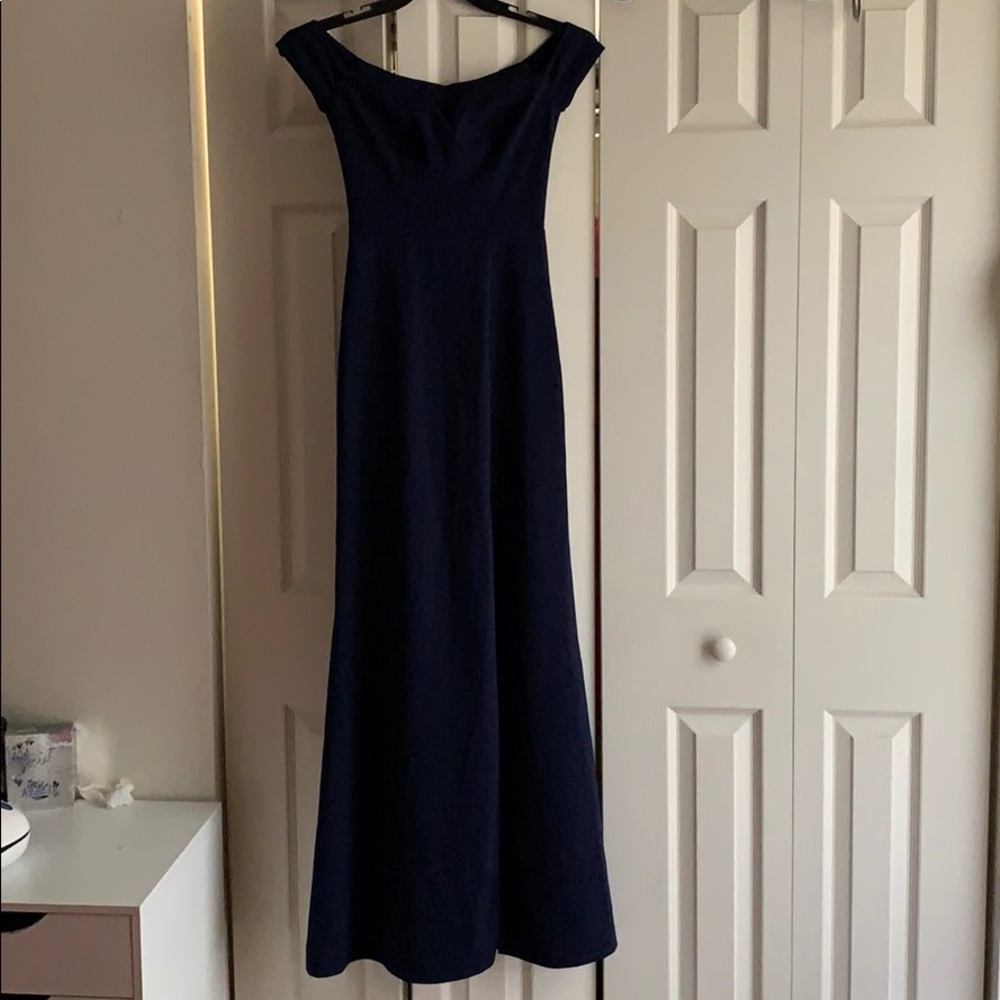 Navy blue elegant, long dress, off the shoulder